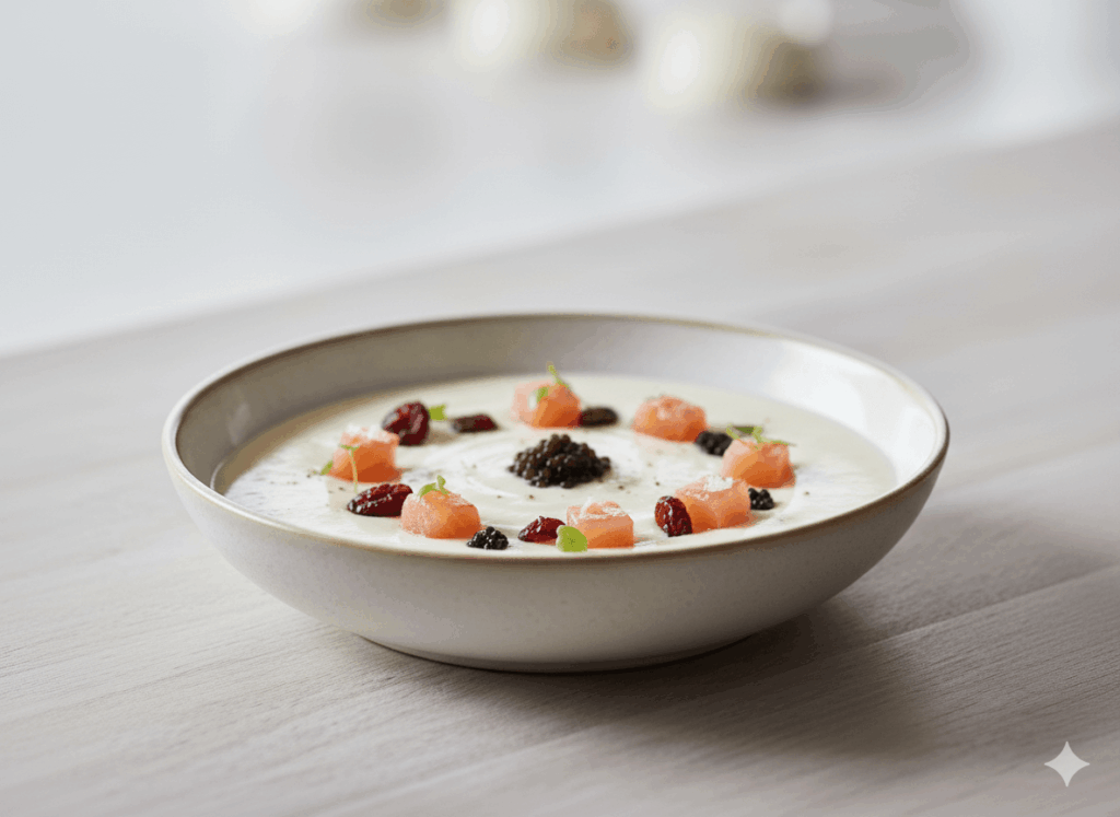 Almond mazamorra with smoked salmon cubes, blueberries and caviar with Parqueoliva Serie Oro