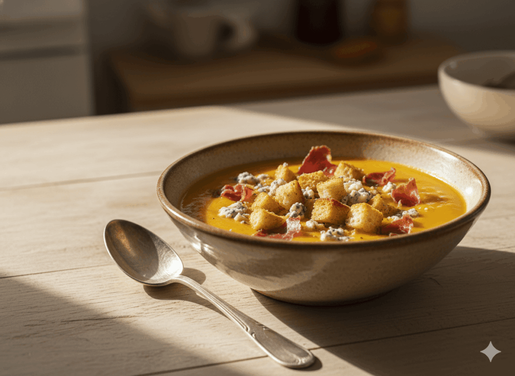 Pumpkin cream with croutons, crispy cecina, blue cheese and Almaoliva Bio