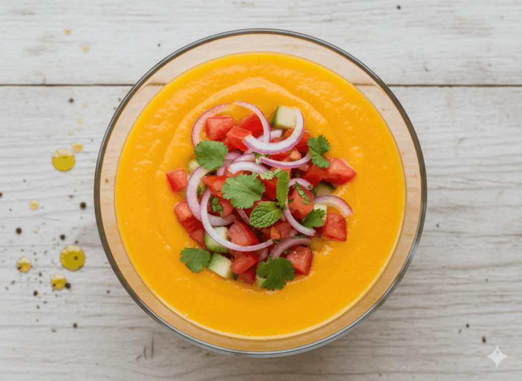 Mango gazpacho with pico de gallo and Almaoliva Arbequino