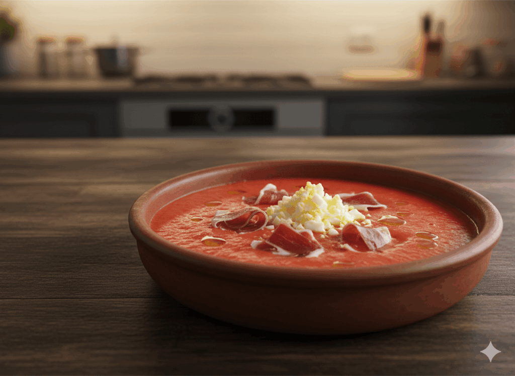 Cherry salmorejo with hard-boiled egg and Ibérico ham garnish with Rincón de la Subbética