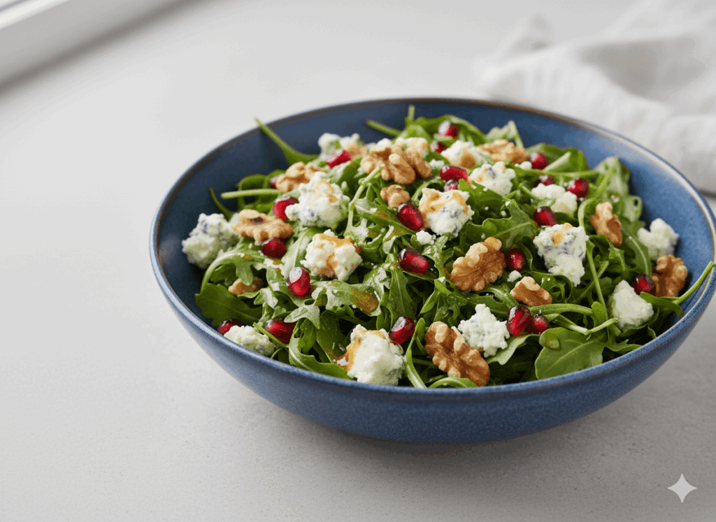 Rocket salad with blue cheese, walnuts and pomegranate with Almaoliva Bio