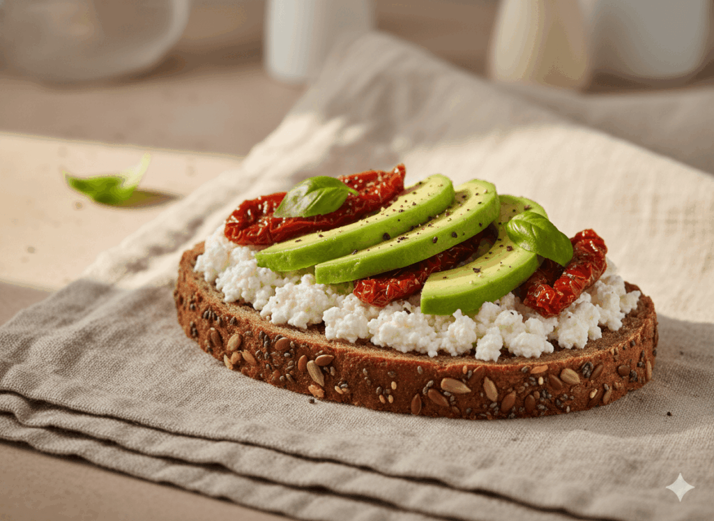 Toast with cottage cheese, sun-dried tomato and avocado with Parqueoliva Serie Oro