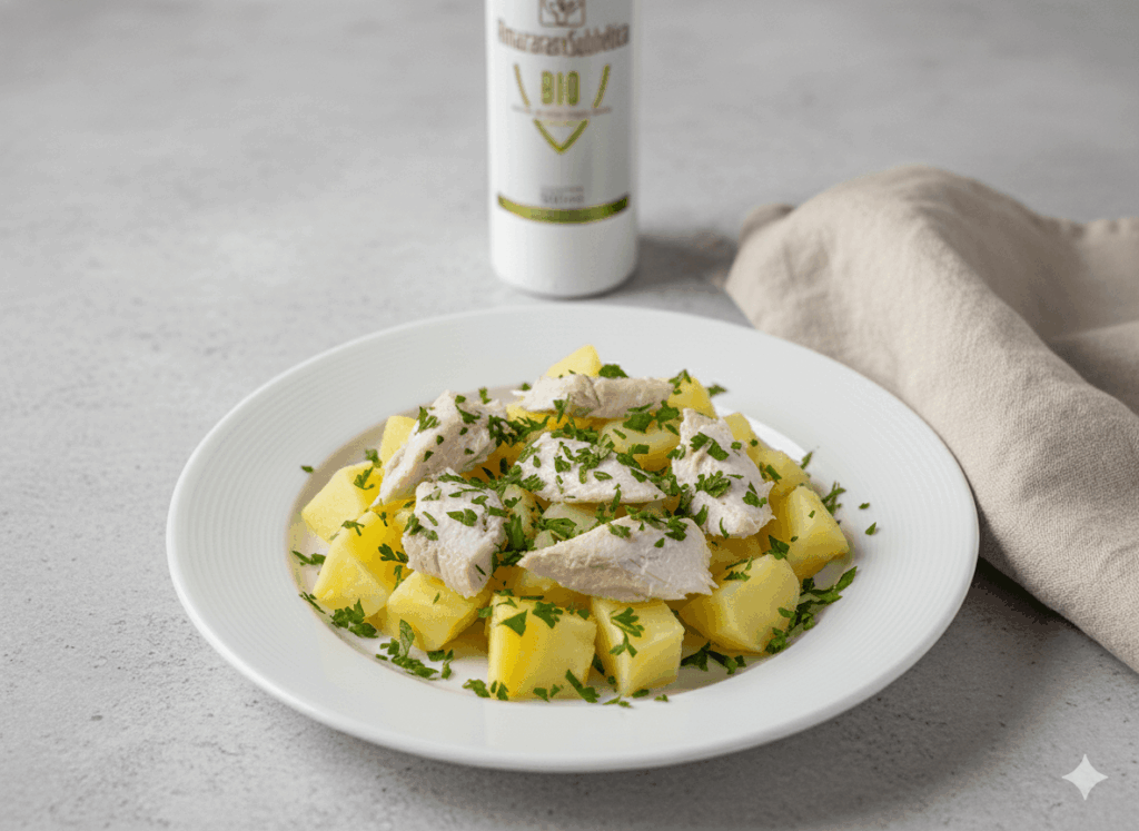 “Papas aliñás” (Andalusian dressed potatoes) with frigate tuna and Almaoliva Bio