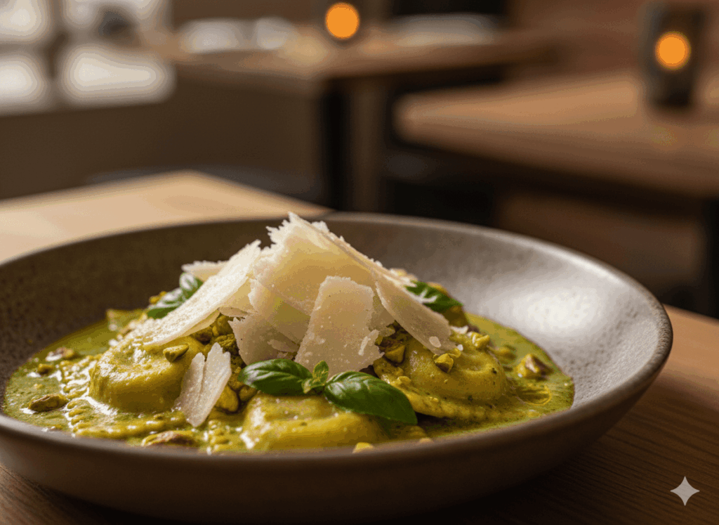 Cheese-filled ravioli with pistachio pesto (based on Parqueoliva)