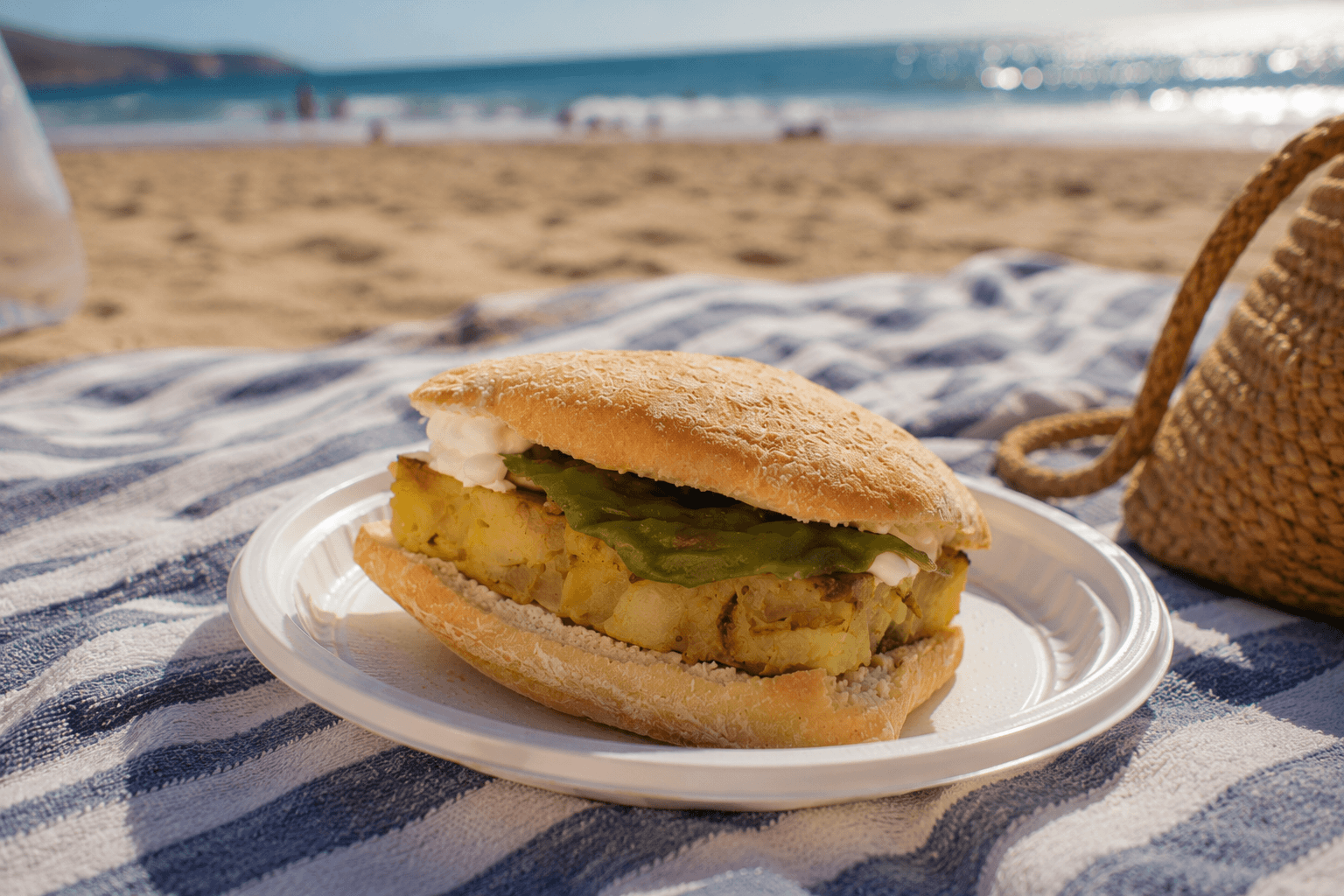 Bocadillo de tortilla de patatas y pimientos con aceite de oliva virgen extra